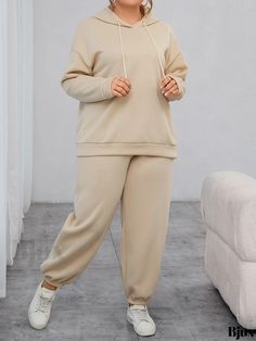 Bjux - Premium Plus Size Womens Sportswear Set: Solid Drop Shoulder Long Sleeve Hoodie & Joggers - Stylish and Comfortable 2-Piece Outfit Sweat Pant Outfits, Plus Size Sporty Outfits, Jogger Outfit, Drawstring Sleeve, Womens Sportswear, Pant Outfits, Drop Shoulder Hoodie, Sweat Pant, Joggers Outfit