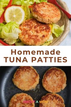 homemade tuna patties in a skillet with lettuce and lemon wedges