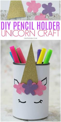 an easy unicorn craft for kids to make with paper and colored pencils in a cup