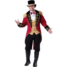 a man in a red jacket and top hat with his hands out to the side