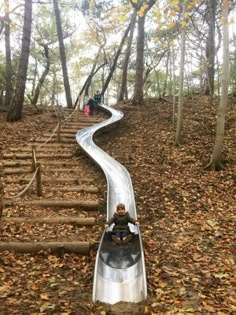 two people riding down a metal slide in the middle of a forest with leaves on the ground