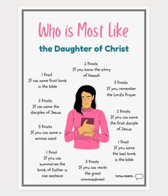 a poster with the text who is most like the daughter of christ? and an image of a woman holding a tablet