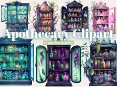 an assortment of bottles and cupboards with the words apothecary clipart