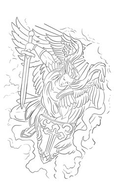 St Michael Tattoo Stencil, Large Tattoo Stencil, Guardian Angel Tattoo Stencil, Tattoos For Women Outline, Arch Angel Tattoo, Tattoo Templates Stencil, St Michael Tattoo Design, Angel Tattoo Stencil, Angel Tattoo Stencils