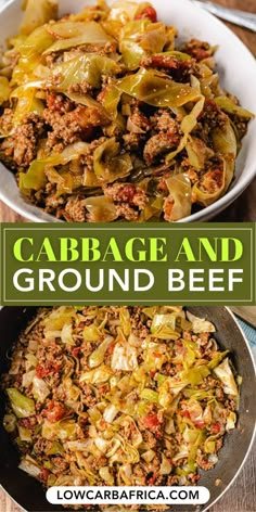 cabbage and ground beef casserole in a white bowl on a wooden table with text overlay