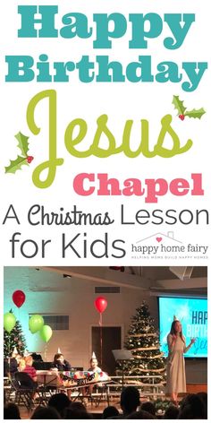 a woman standing in front of a christmas tree with the words happy birthday jesus chapel