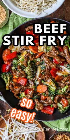 beef stir fry in a skillet with noodles and broccoli