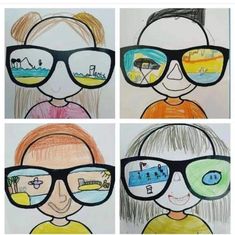 four drawings of people wearing glasses with different pictures on them