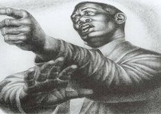 a pencil drawing of a man holding his hands out to the side with one hand