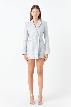 ENDLESS ROSE - Premium Sequins Tweed Romper - ROMPERS available at Objectrare Spring Party Mini Tweed Dress, White Tweed Mini Dress For Spring, Elegant Spring Tweed Mini Dress, Pink Fitted Long Sleeve Tweed Dress, Tweed Romper, Blazer Set, Tweed Fabric, Formal Occasion, Shoulder Sleeve