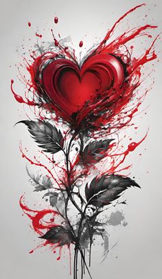 a red heart with black leaves and blood splatters on the side, in front of a gray background