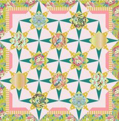 a pink and green quilt with flowers on the center, surrounded by other colorful patterns