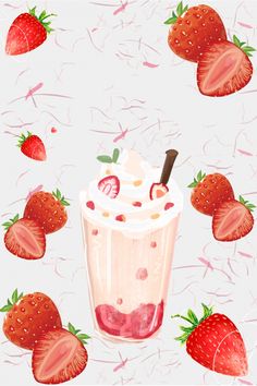 an illustration of a strawberry milkshake with whipped cream and strawberries