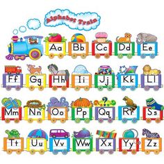 the alphabet is made up of colorful train cars and letters with animals on them, as well as clouds in the sky