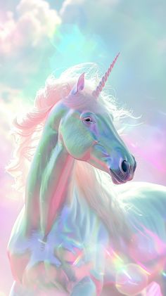 a white unicorn with long manes standing in front of a blue and pink sky