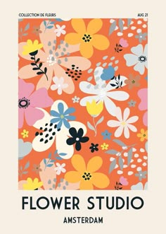 an orange poster with flowers on it and the words flower studio amsterdam written in black