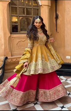 Mehndi Outfit Sisters, Colorful Pakistani Dresses, Sharara Suit For Bride, Mehendi Lehenga Pakistani, Indian Pakistani Dresses, Bride Suit Wedding Indian, Peplum Wedding Dress Indian, Long Ground Dress, Yellow And Pink Haldi Outfit