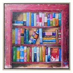 a painting of bookshelf with pink walls and red trimmings on the bottom shelf