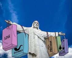 there is a statue that has shopping bags in front of it