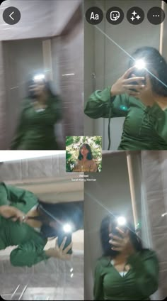 a woman is taking a selfie with her cell phone in the mirror while wearing a green shirt