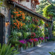 a building with many different types of flowers on it