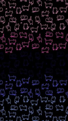 a black background with pink and blue cats on it