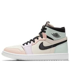 This Air Jordan 1 Zoom Comfort "Easter" has been constructed in a pastel color hue that is inspired by the Easter eggs themselves. It features a cream-colored tumbled leather serving as the base of the upper while purple and pink leather overlays appear at the forefoot and light green accents appear on the heel counter and ankle collar. The Swoosh is made of mesh. The Jumpman logo is embossed, the black laces and tongue add further contrast, while the white covers the opaque sole edged with a be Air Jordan 1 Zoom Comfort, Air Jordan 1 Zoom Cmft, Easter 2021, Preppy Shoes, Womens Air Jordans, Cute Nike Shoes, Wings Logo, Cute Nikes, Nike Air Jordan 1