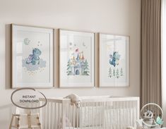 a baby's room with three framed pictures on the wall and a crib