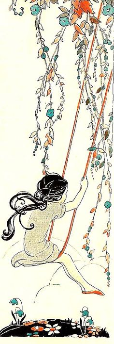 a drawing of a woman sitting on the ground with flowers in her hair and holding an umbrella