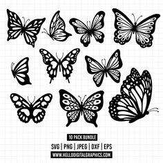 the silhouettes of butterflies are shown in black and white, with text that reads 10 pack