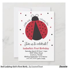 a ladybug birthday party card with polka dots