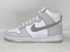 Nike Dunk High 'Silver Glitter Swoosh' White Sneakers, Size 7.5 BNIB FJ4578-100 Brand new in box. Box lid is missing. Shoes are unworn, pristine condition. Size 7.5 If you need item sooner ask about expedited shipping Glitter Nike Shoes, Glitter Nikes, Nike Fashion Shoes, Nike Dunk High, Dunk High, Nike Fashion, Nike Dunk, Nike Dunks, White Sneakers