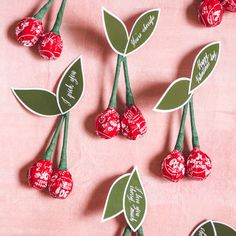 several chocolate candies with leaves on them are arranged in the shape of cherries