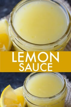 two jars filled with lemon sauce sitting on top of a table next to sliced lemons