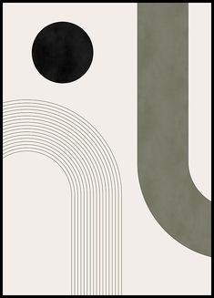 an abstract black and white painting with circles, lines, and shapes in grey tones