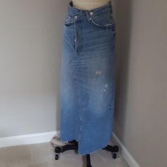 Xs Approx Measurements: 13" Waist 17" Hip 34" Length No Stretch. Box#24 Medium Wash Denim Skirt With Unfinished Hem, Fitted High Rise Distressed Skirt, High-rise Fitted Distressed Skirt, High Rise Fitted Distressed Skirt, Distressed High Rise Fitted Skirt, Blue Recycled Denim Skirt For Spring, Blue Washed Straight Leg Denim Skirt, Blue Washed Denim Straight Skirt, Blue Washed Straight-leg Denim Skirt