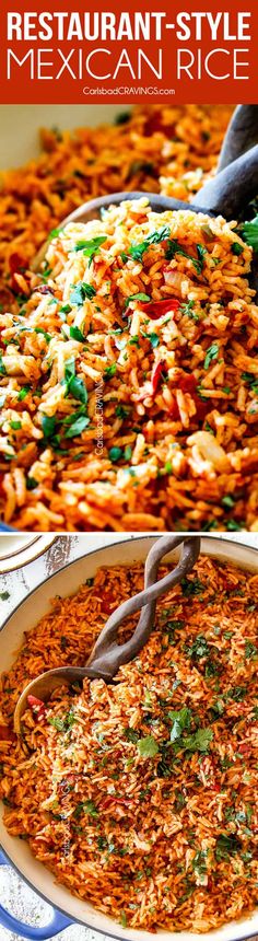 mexican rice in a large white bowl with the words restaurant - style mexican rice on it