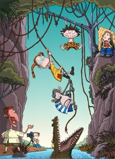 an animated scene with people hanging from wires above the water and alligators in the background