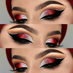 Red Black And Silver Makeup, Weirdo Palette Looks, Lisa Makeup, Makeup Ideas Aesthetic, Makeup Aesthetic Ideas, Makeup Bag Aesthetic, Makeup Products Aesthetic, Drawing Makeup, Theater Makeup