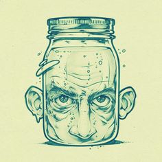 a drawing of a man's face in a jar