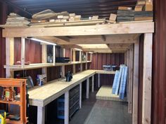 the inside of a storage room with lots of wooden shelves and shelving on the wall