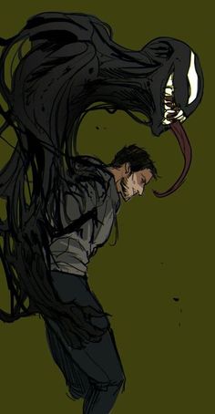 a drawing of a man with long black hair and an evil looking monster like head