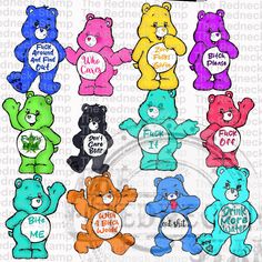 colorful teddy bears with different sayings on their chest and back, all in the same color