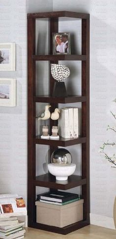 a corner bookcase in a living room