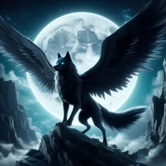 a wolf with wings standing on top of a rock in front of a full moon