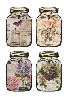 four mason jars with flowers and butterflies painted on the lids, one has a birdcage