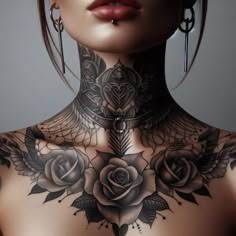 a woman with tattoos on her neck and chest