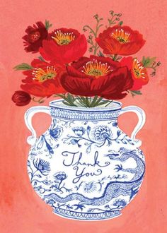 a painting of red flowers in a blue and white vase with the words joy on it