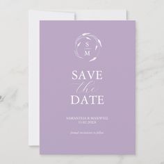 the save the date card is shown in lila and white, with an elegant monogrammed