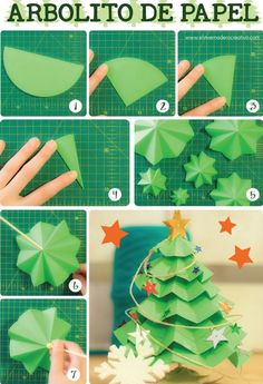 instructions for how to make an origami christmas tree with green paper and stars